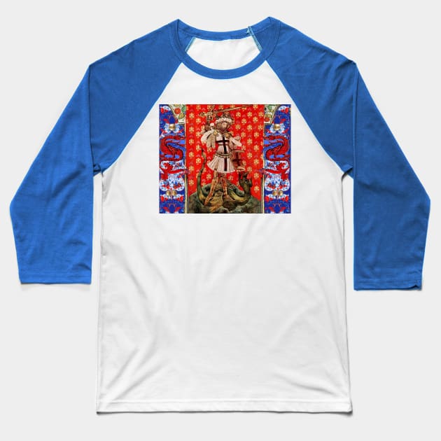 St. George and Dragon Medieval Miniature ,Red Blue White Floral Motifs Baseball T-Shirt by BulganLumini